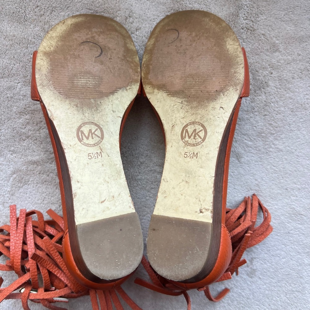 Michael Kors Women 5.5 M Orange Leather Fringe Ankle Wrap Wedge Sandals Boho - Picture 14 of 16